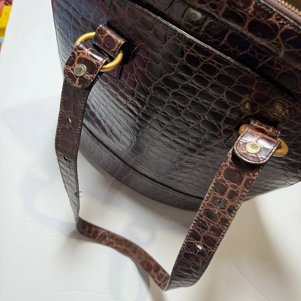 Brahmin Brown Hobo Bag Crocodile Embossed Gold Hardware Travel Tote Croc Leather